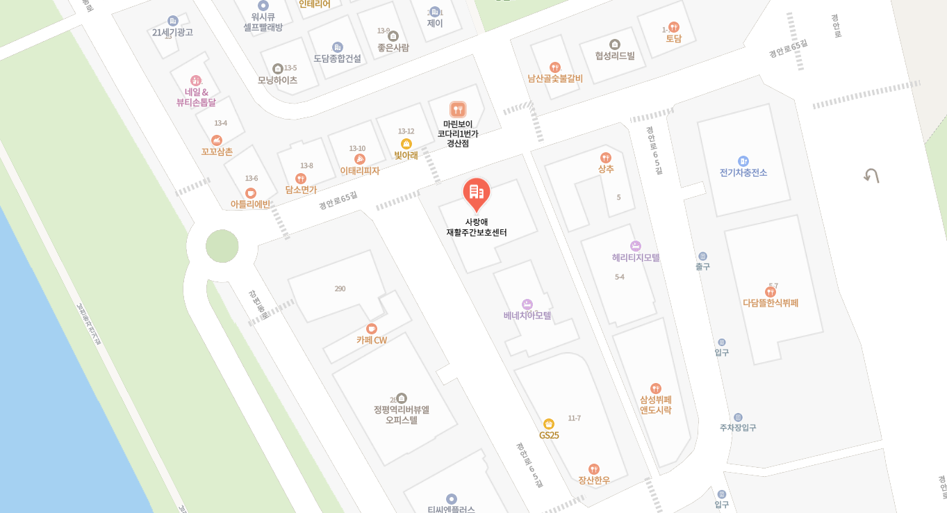 사랑애노인복지센터 위치 지도 — 경북 경산시 경안로65길 11-1